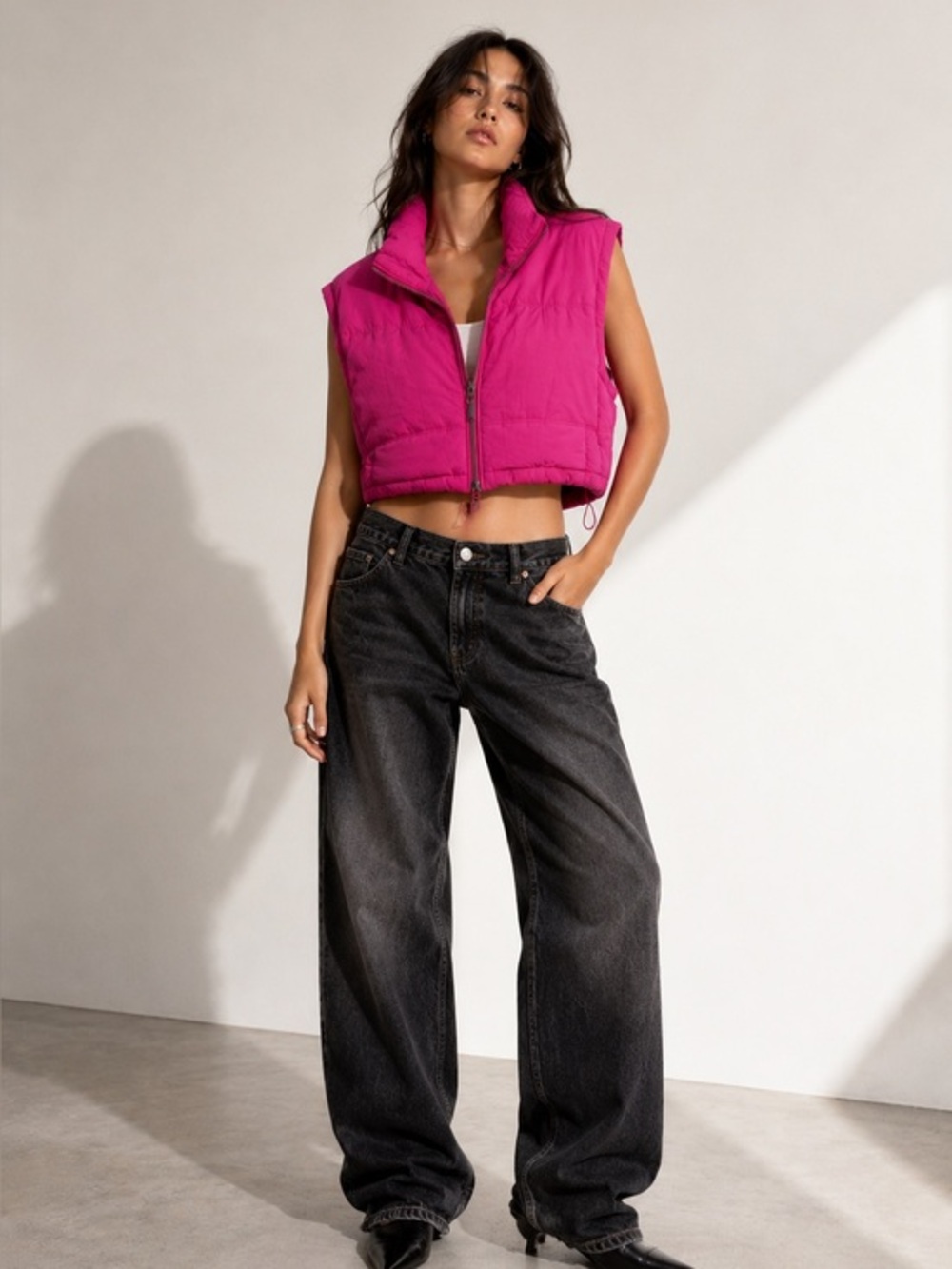 Thread & Supply Fuchsia Puffer Vest S Zip Front Quilted Pink Athleisure Layering